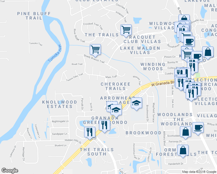 map of restaurants, bars, coffee shops, grocery stores, and more near 622 Main Trail in Ormond Beach