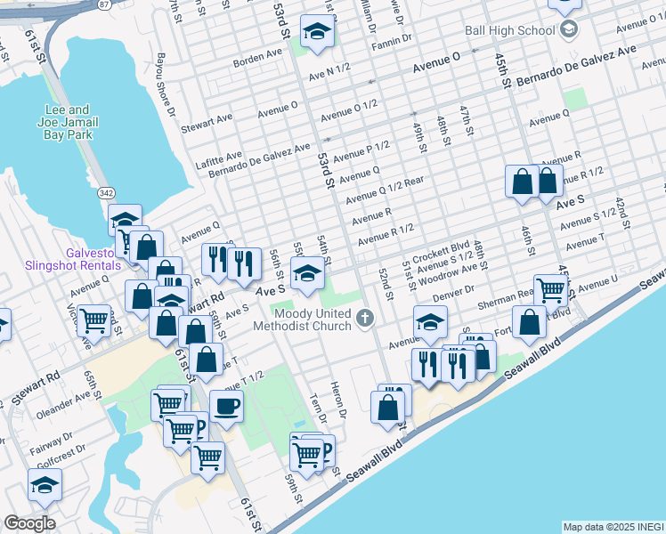 map of restaurants, bars, coffee shops, grocery stores, and more near 2416 54th Street in Galveston