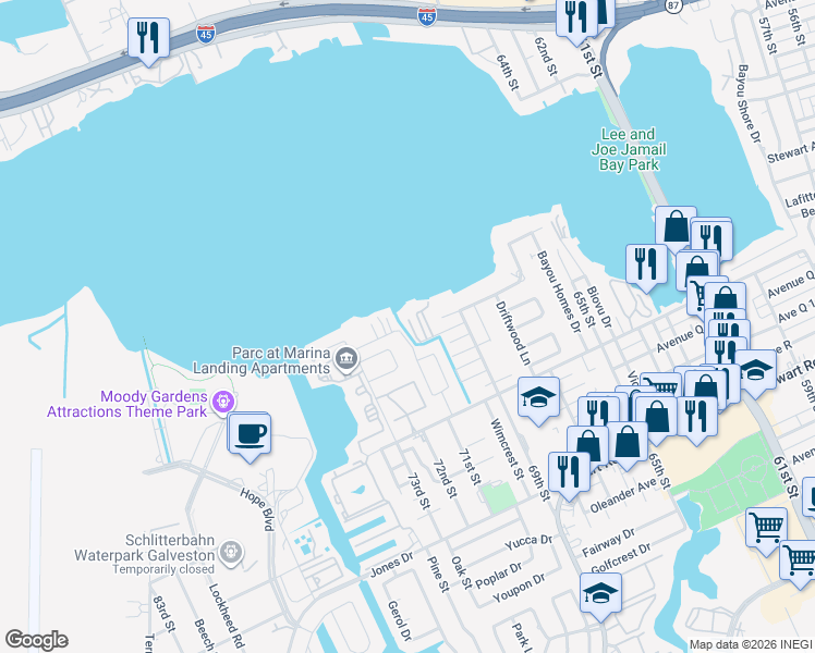 map of restaurants, bars, coffee shops, grocery stores, and more near 7010 Avenue O in Galveston