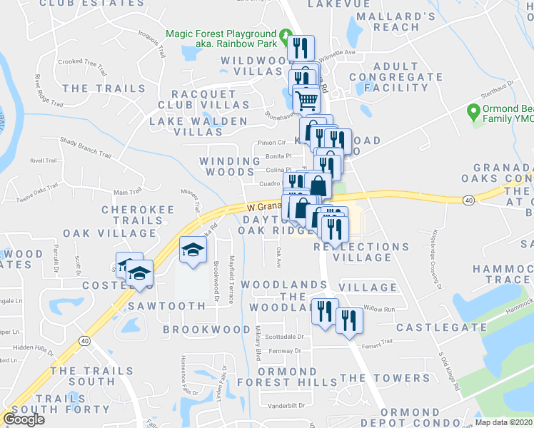 map of restaurants, bars, coffee shops, grocery stores, and more near 7 Magnolia Avenue in Ormond Beach