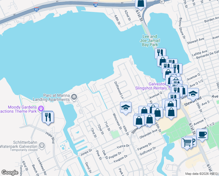 map of restaurants, bars, coffee shops, grocery stores, and more near 6815 Driftwood Lane in Galveston