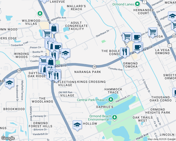 map of restaurants, bars, coffee shops, grocery stores, and more near 720 West Granada Boulevard in Ormond Beach