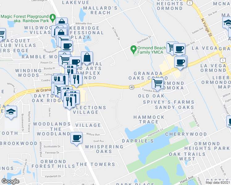 map of restaurants, bars, coffee shops, grocery stores, and more near 720 West Granada Boulevard in Ormond Beach