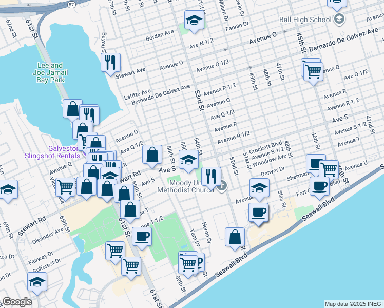 map of restaurants, bars, coffee shops, grocery stores, and more near 5418 Avenue R 1/2 in Galveston