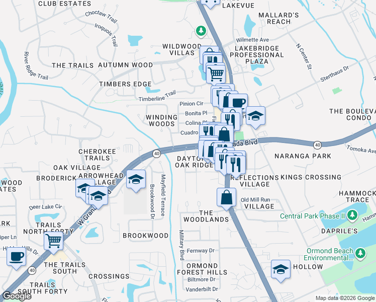 map of restaurants, bars, coffee shops, grocery stores, and more near 931 West Granada Boulevard in Ormond Beach