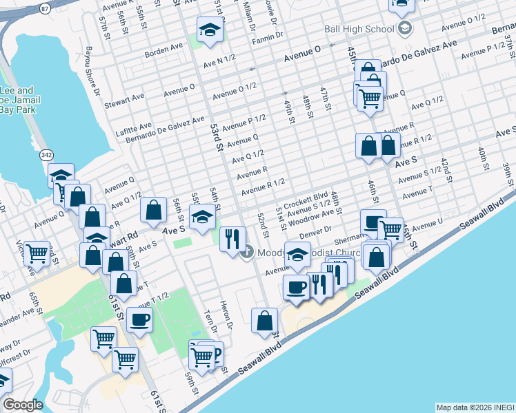 map of restaurants, bars, coffee shops, grocery stores, and more near 5199 Avenue S in Galveston