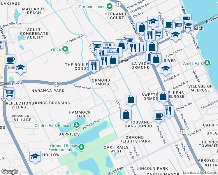 map of restaurants, bars, coffee shops, grocery stores, and more near 450 Tomoka Avenue in Ormond Beach