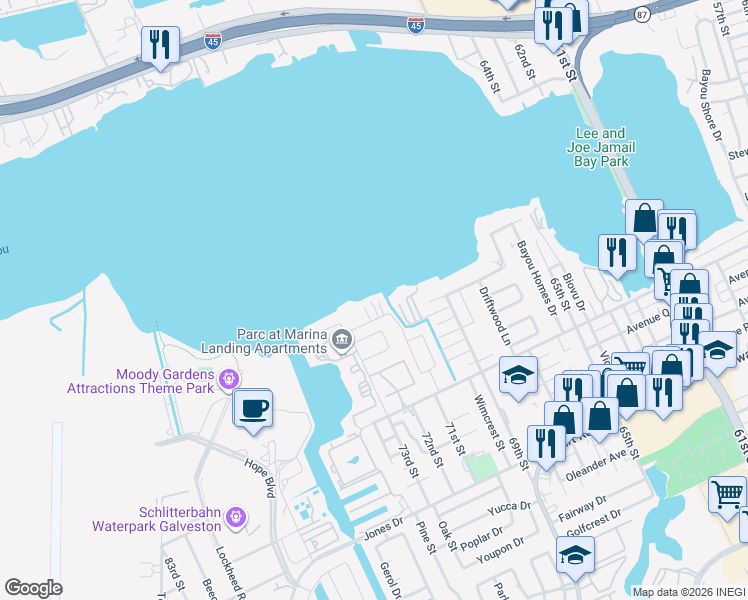 map of restaurants, bars, coffee shops, grocery stores, and more near 7204 Avenue North 1/2 Rear in Galveston