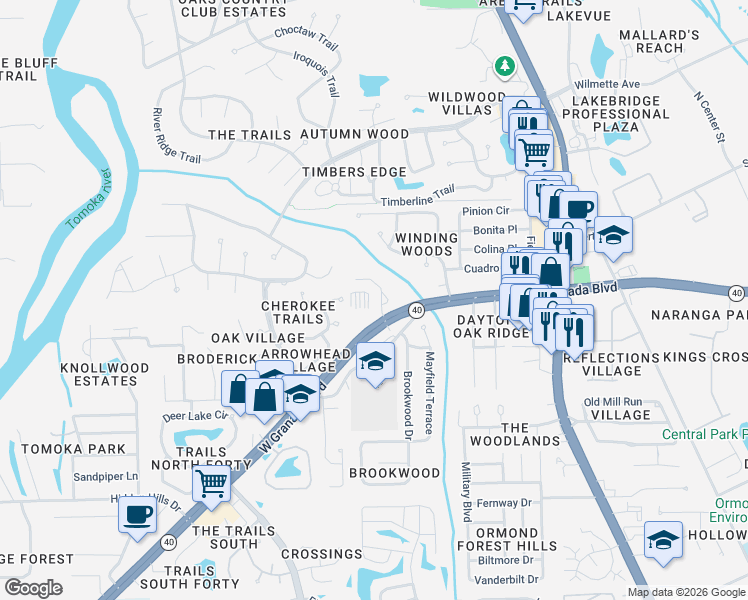 map of restaurants, bars, coffee shops, grocery stores, and more near 18 Misners Trail in Ormond Beach