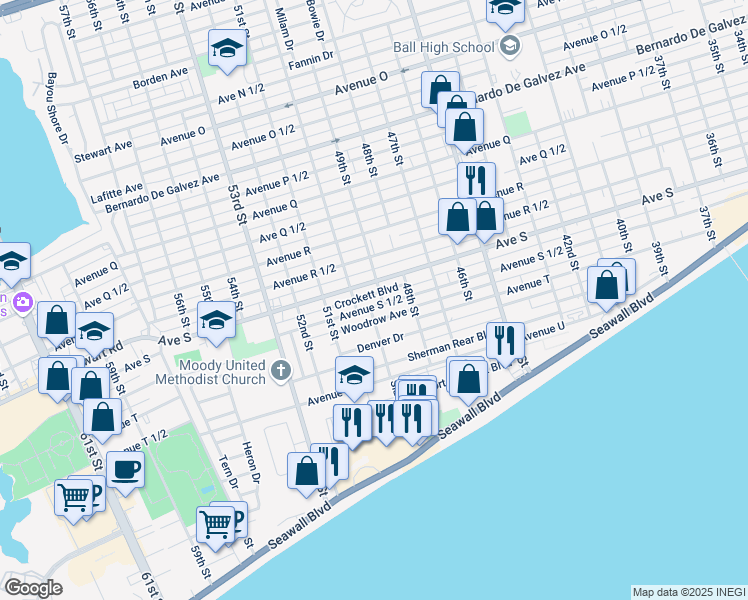 map of restaurants, bars, coffee shops, grocery stores, and more near 4924 Crockett Boulevard in Galveston