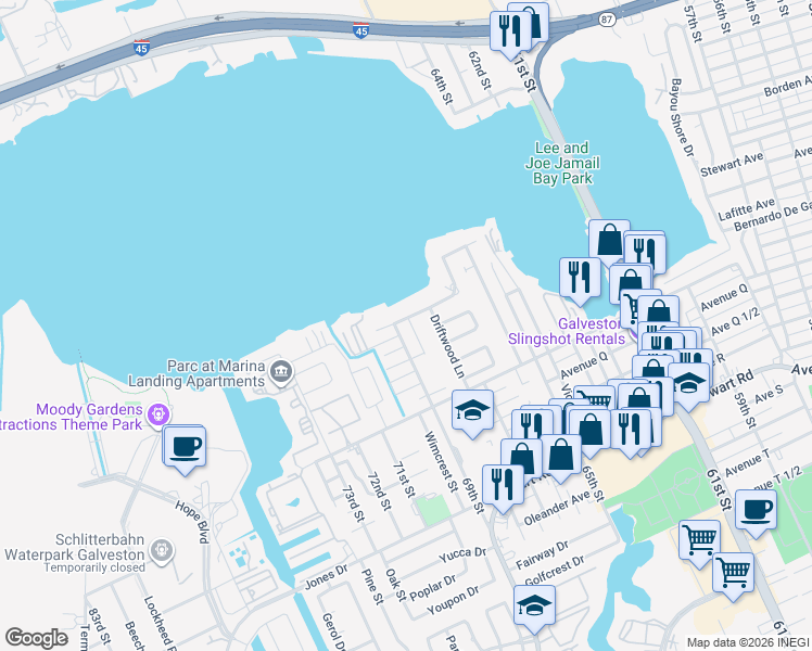 map of restaurants, bars, coffee shops, grocery stores, and more near 6815 Driftwood Lane in Galveston