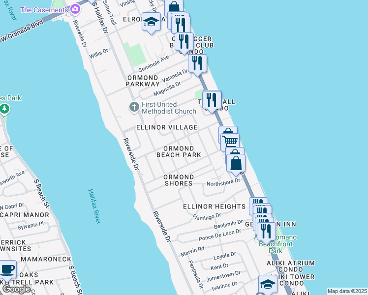 map of restaurants, bars, coffee shops, grocery stores, and more near 473 Hollywood Street in Ormond Beach