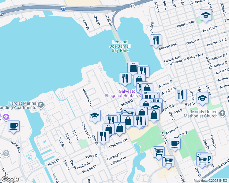 map of restaurants, bars, coffee shops, grocery stores, and more near in Galveston
