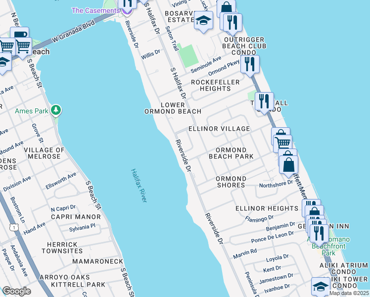 map of restaurants, bars, coffee shops, grocery stores, and more near 411 Riverside Drive in Ormond Beach