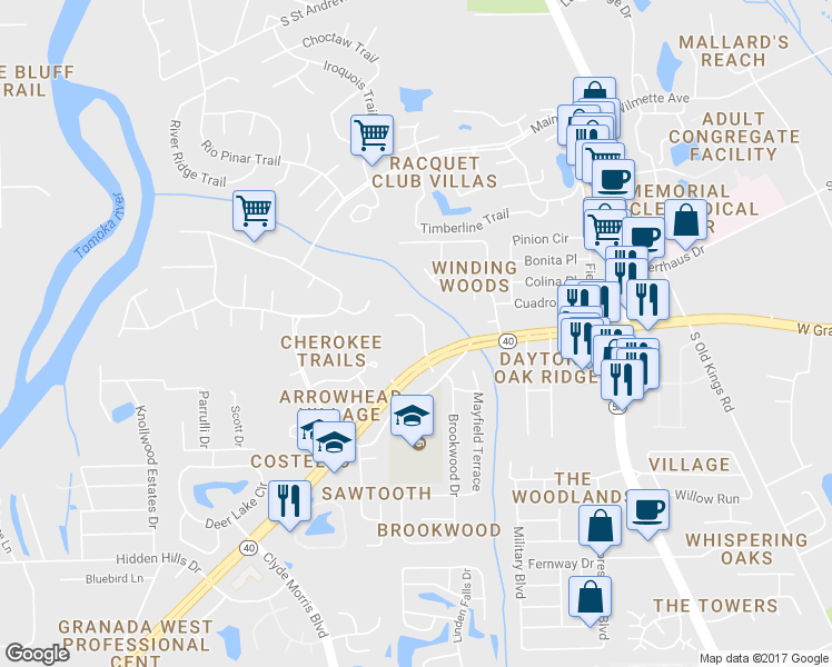 map of restaurants, bars, coffee shops, grocery stores, and more near 18 Misners Trail in Ormond Beach