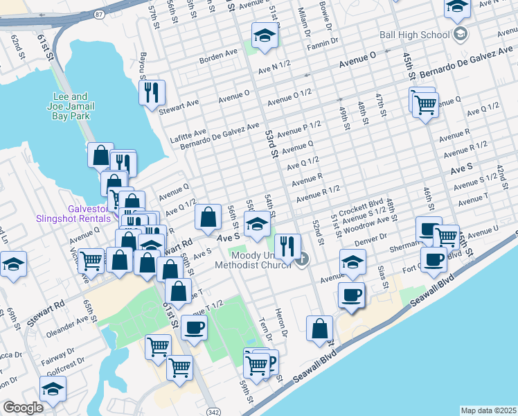 map of restaurants, bars, coffee shops, grocery stores, and more near 5418 Avenue R 1/2 in Galveston
