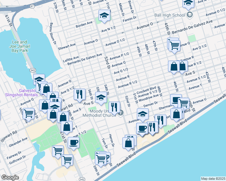 map of restaurants, bars, coffee shops, grocery stores, and more near 5303 Avenue R 1/2 in Galveston