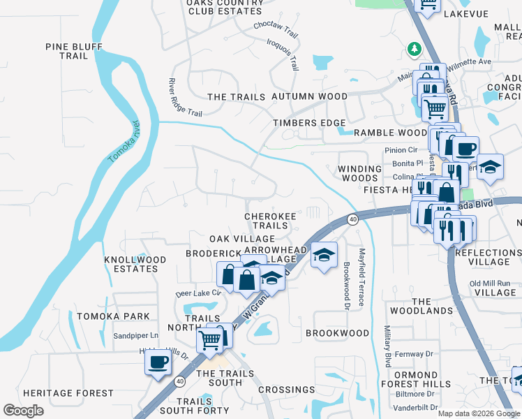 map of restaurants, bars, coffee shops, grocery stores, and more near 8 Cherokee Trail in Ormond Beach