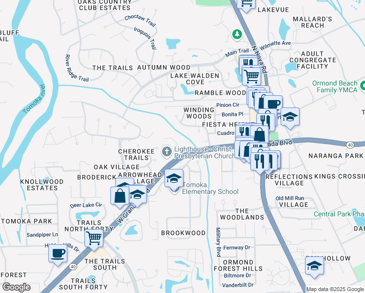 map of restaurants, bars, coffee shops, grocery stores, and more near 19 Misners Trail in Ormond Beach