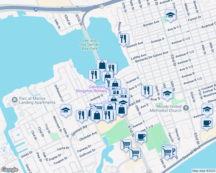 map of restaurants, bars, coffee shops, grocery stores, and more near 2001 61st Street in Galveston