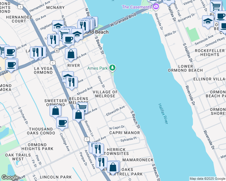 map of restaurants, bars, coffee shops, grocery stores, and more near 272 South Beach Street in Ormond Beach