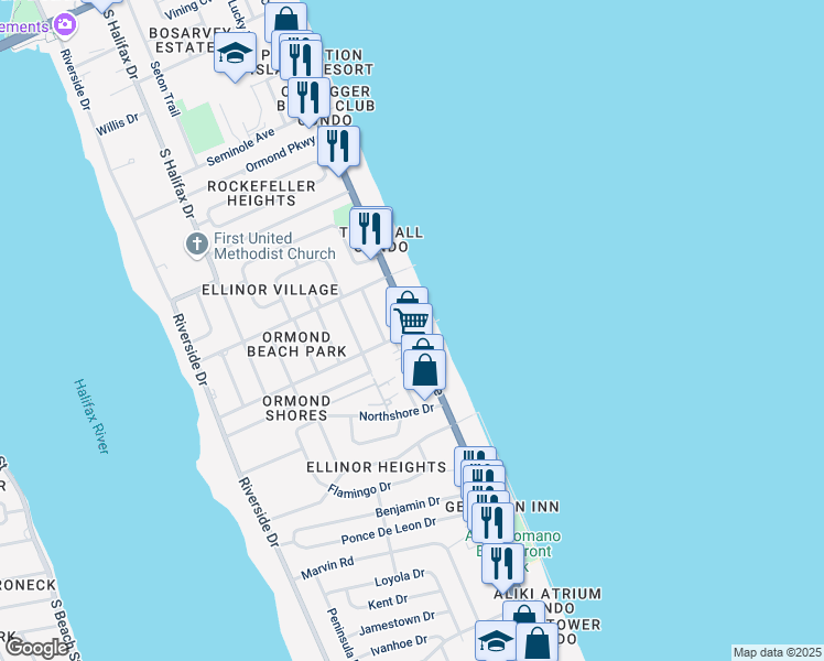 map of restaurants, bars, coffee shops, grocery stores, and more near Florida A1A & River Beach Drive in Ormond Beach