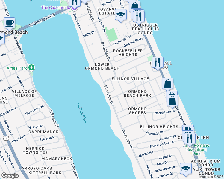 map of restaurants, bars, coffee shops, grocery stores, and more near 411 Riverside Drive in Ormond Beach