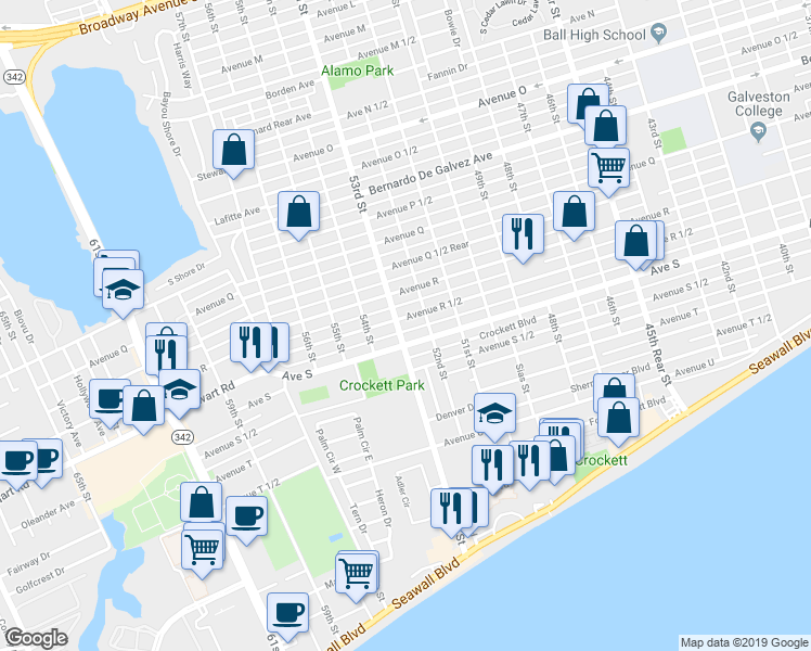 map of restaurants, bars, coffee shops, grocery stores, and more near 5303 Avenue R 1/2 in Galveston