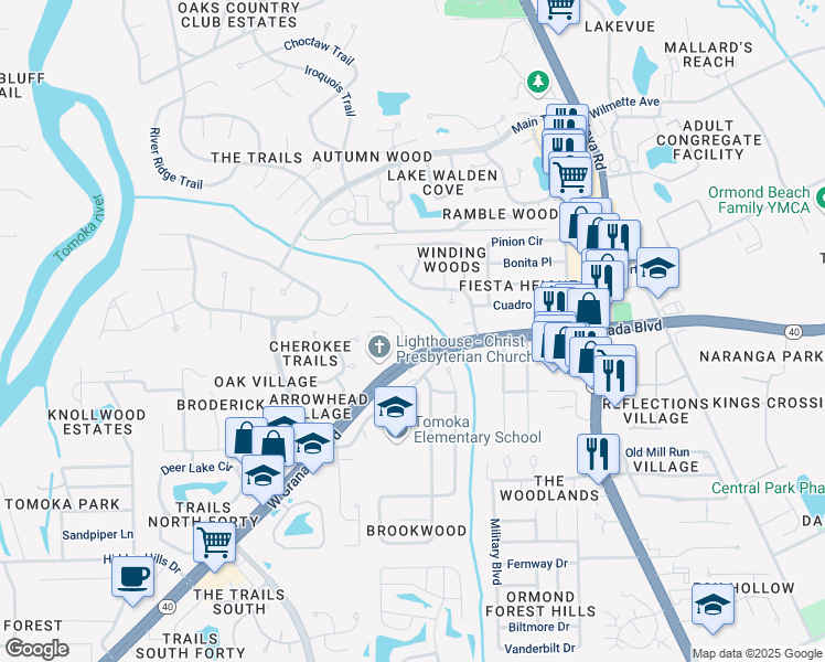 map of restaurants, bars, coffee shops, grocery stores, and more near 19 Misners Trail in Ormond Beach