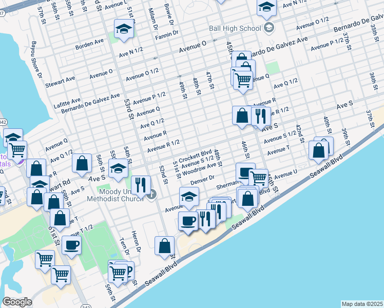 map of restaurants, bars, coffee shops, grocery stores, and more near 4924 Crockett Boulevard in Galveston