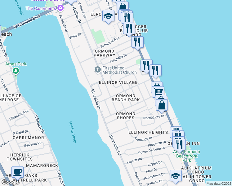 map of restaurants, bars, coffee shops, grocery stores, and more near 85a Rockefeller Drive in Ormond Beach