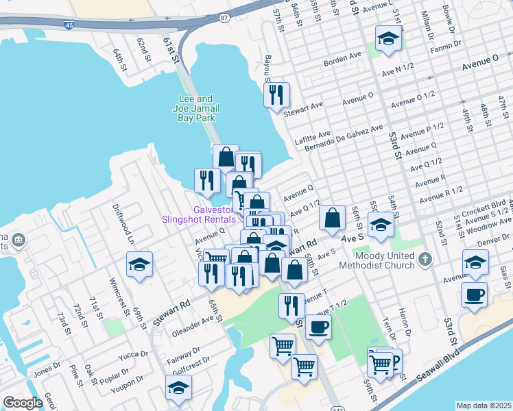 map of restaurants, bars, coffee shops, grocery stores, and more near 2018 60th Street in Galveston