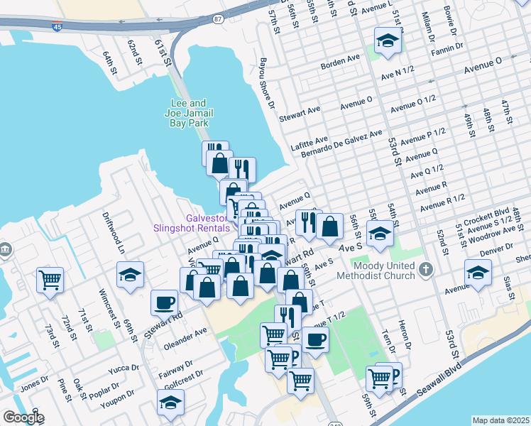 map of restaurants, bars, coffee shops, grocery stores, and more near 2018 60th Street in Galveston