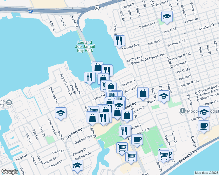 map of restaurants, bars, coffee shops, grocery stores, and more near 2018 60th Street in Galveston