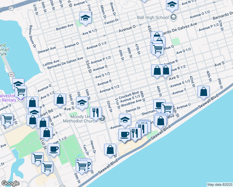 map of restaurants, bars, coffee shops, grocery stores, and more near 5028 Avenue S in Galveston