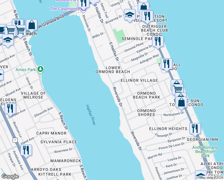 map of restaurants, bars, coffee shops, grocery stores, and more near 400 Riverside Drive in Ormond Beach