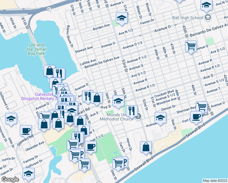 map of restaurants, bars, coffee shops, grocery stores, and more near 2312 56th Street in Galveston