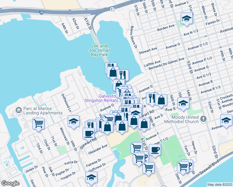 map of restaurants, bars, coffee shops, grocery stores, and more near 2001 61st Street in Galveston