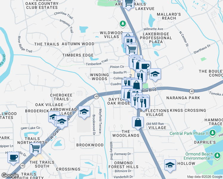 map of restaurants, bars, coffee shops, grocery stores, and more near 931 West Granada Boulevard in Ormond Beach