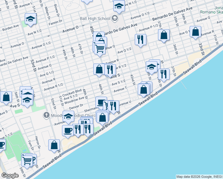 map of restaurants, bars, coffee shops, grocery stores, and more near 4428 Avenue T in Galveston