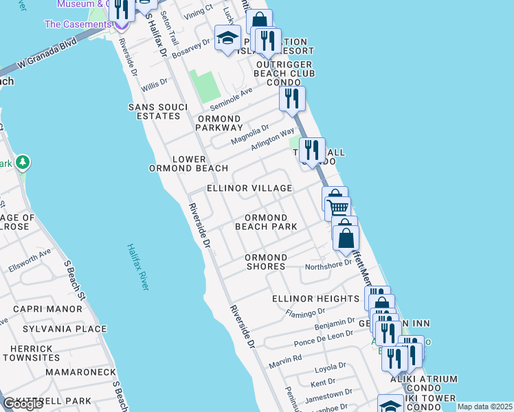 map of restaurants, bars, coffee shops, grocery stores, and more near 85a Rockefeller Drive in Ormond Beach