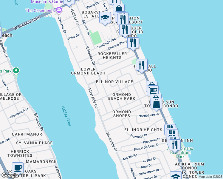 map of restaurants, bars, coffee shops, grocery stores, and more near 85a Rockefeller Drive in Ormond Beach