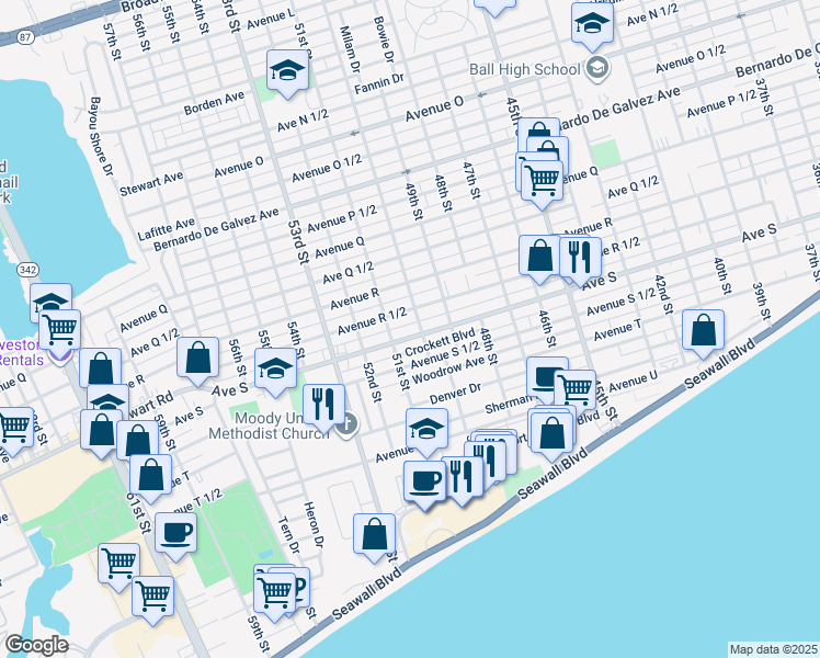 map of restaurants, bars, coffee shops, grocery stores, and more near 5028 Avenue S in Galveston