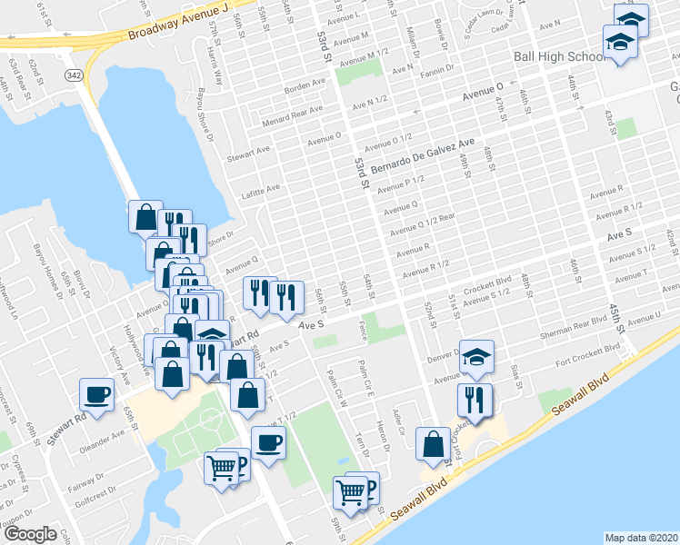 map of restaurants, bars, coffee shops, grocery stores, and more near 5499 Avenue R in Galveston
