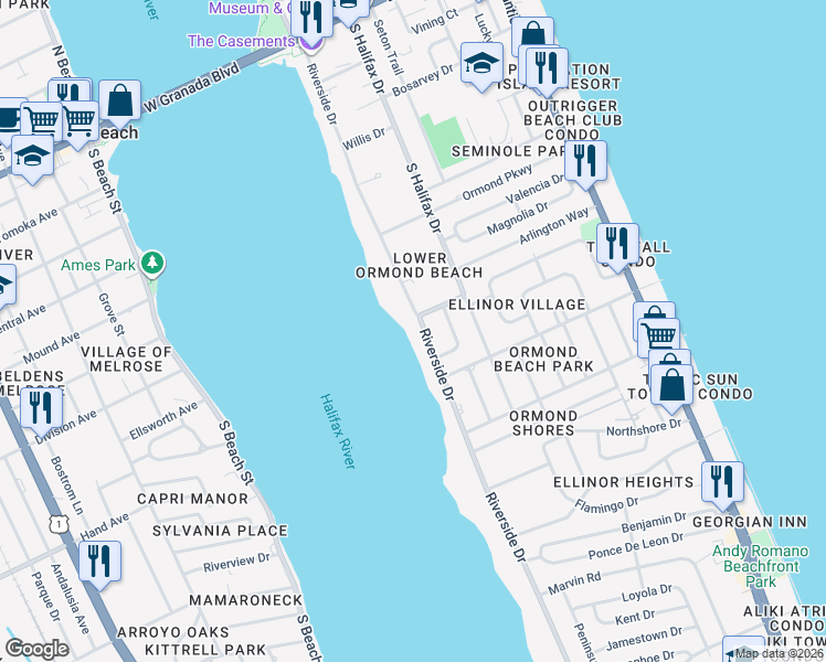 map of restaurants, bars, coffee shops, grocery stores, and more near 400 Riverside Drive in Ormond Beach