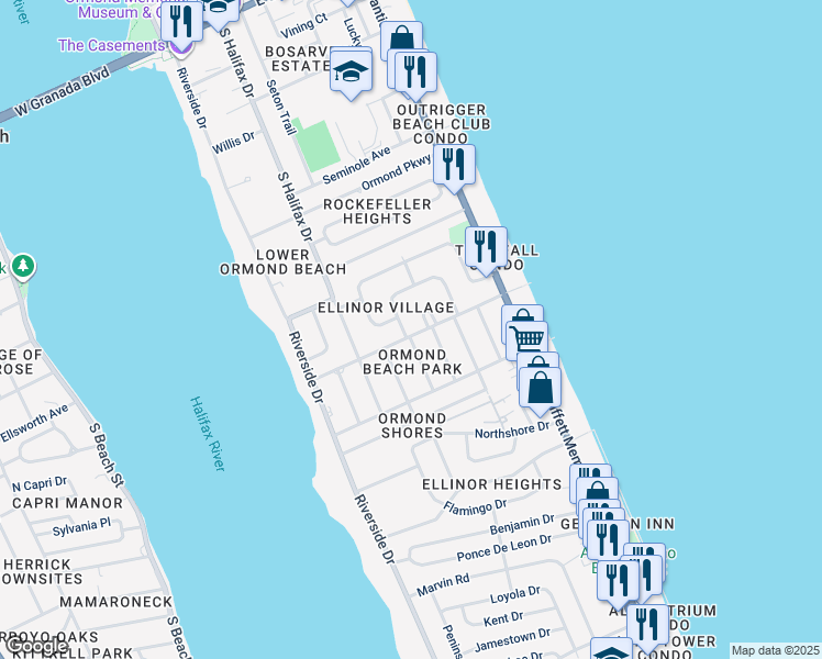 map of restaurants, bars, coffee shops, grocery stores, and more near 473 Hollywood Street in Ormond Beach