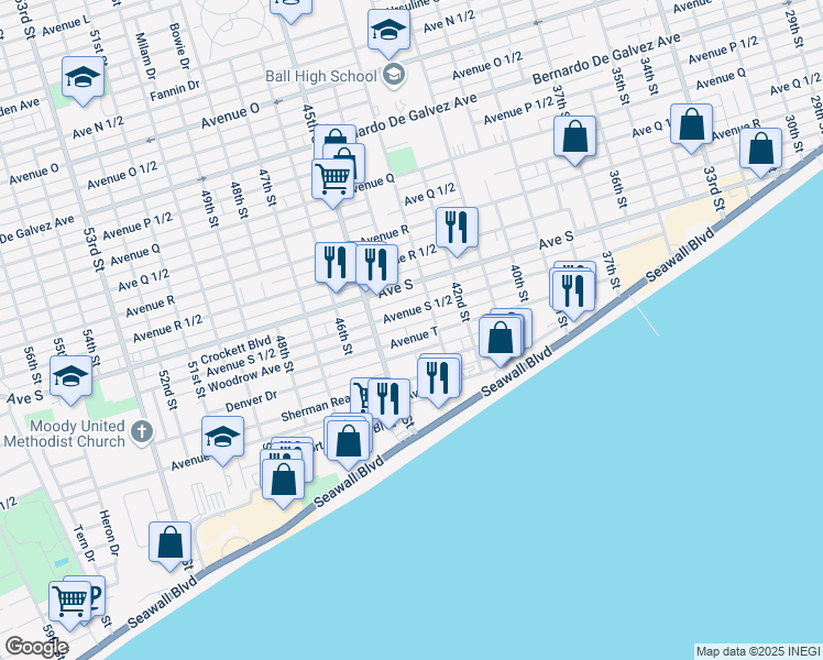 map of restaurants, bars, coffee shops, grocery stores, and more near 4319 Caduceus Place in Galveston