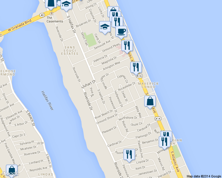 map of restaurants, bars, coffee shops, grocery stores, and more near 6 Cypress Circle in Ormond Beach