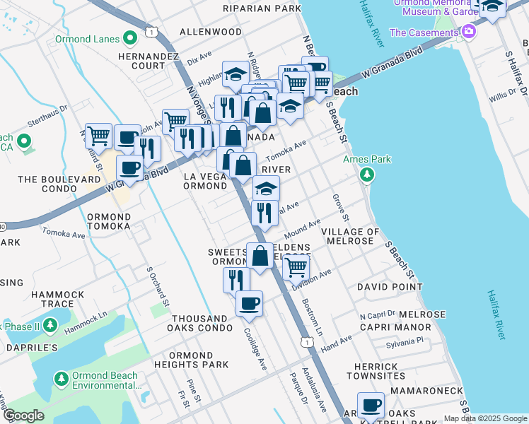 map of restaurants, bars, coffee shops, grocery stores, and more near 208 Central Avenue in Ormond Beach