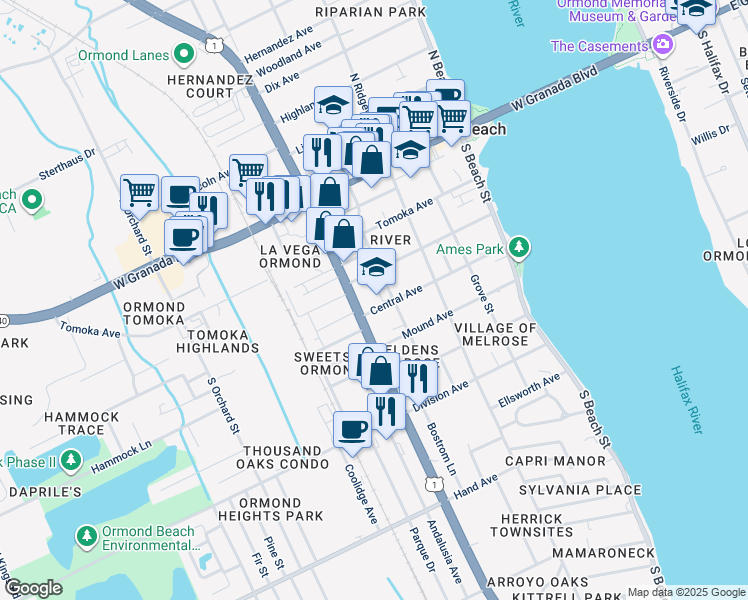 map of restaurants, bars, coffee shops, grocery stores, and more near 208 Central Avenue in Ormond Beach